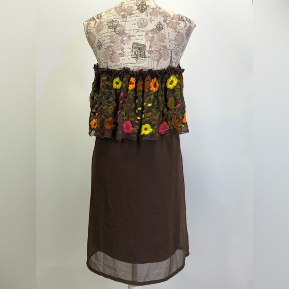 JUDITH MARCH Chocolate Brown embroidered ruffle top mini shift dress size S - Picture 8 of 13